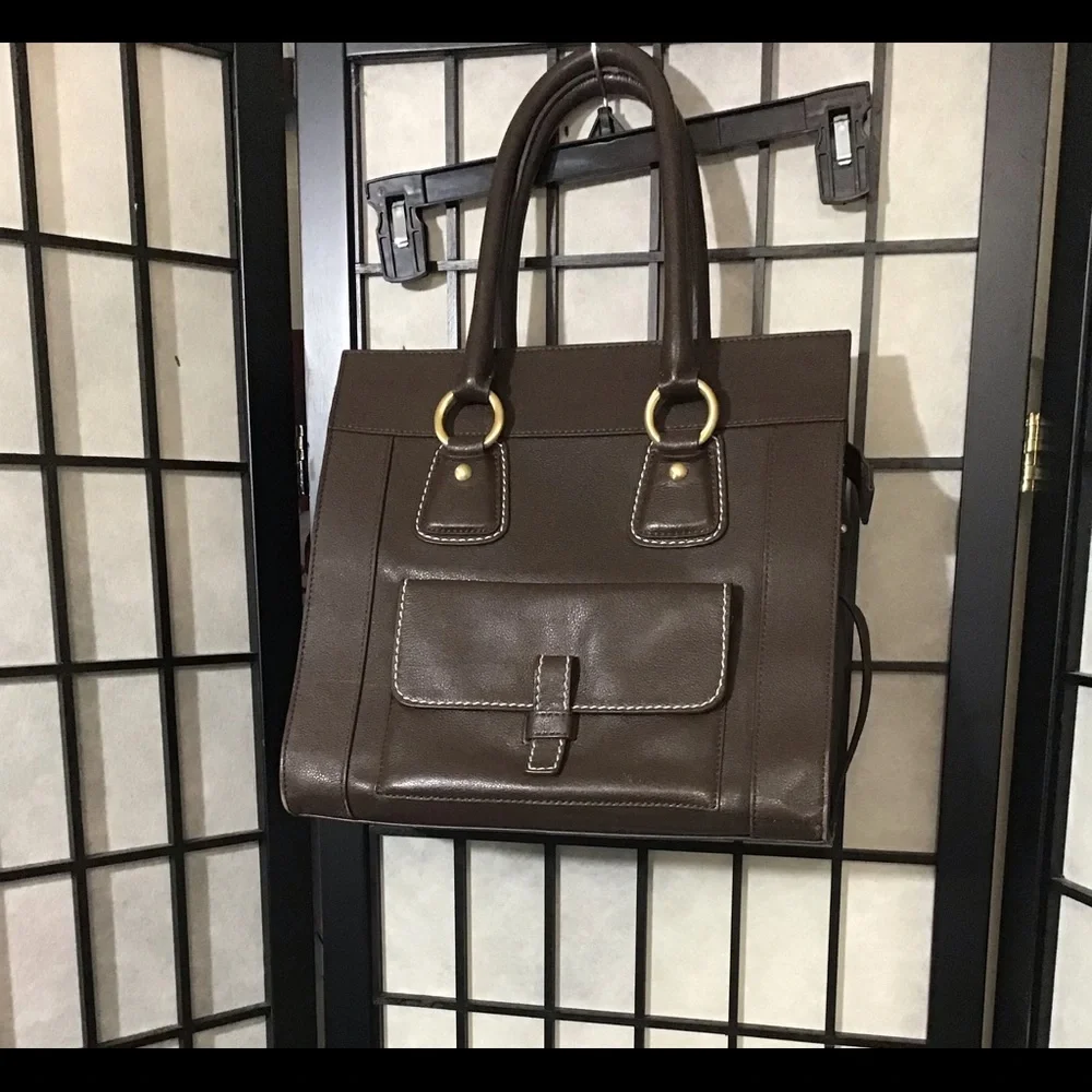 Talbot Leather Tote Handbag /Brass Hardware. Color is Beautiful Chocolate Brown - Picture 1 of 11